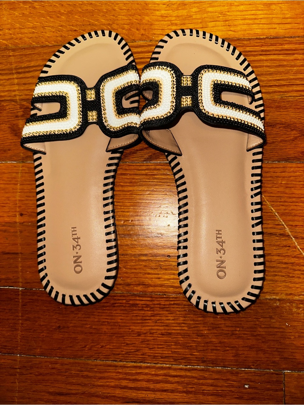 ON 34TH Beige and Black Embellished Slide Sandals